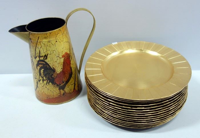 Plates With Hand-Finished Gold Leaf on Acrylic Base 13" Dia. Qty 16 And Tin Pitcher With Rooster 11.5"H