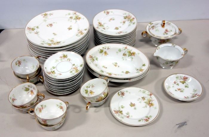 Haviland Limoges China Set, "Autumn Leaf" Pattern, Dinner Plates, Tea Cups, Saucers, Dessert Plates, Sugar, Creamer And More, Total Qty 44 Pieces