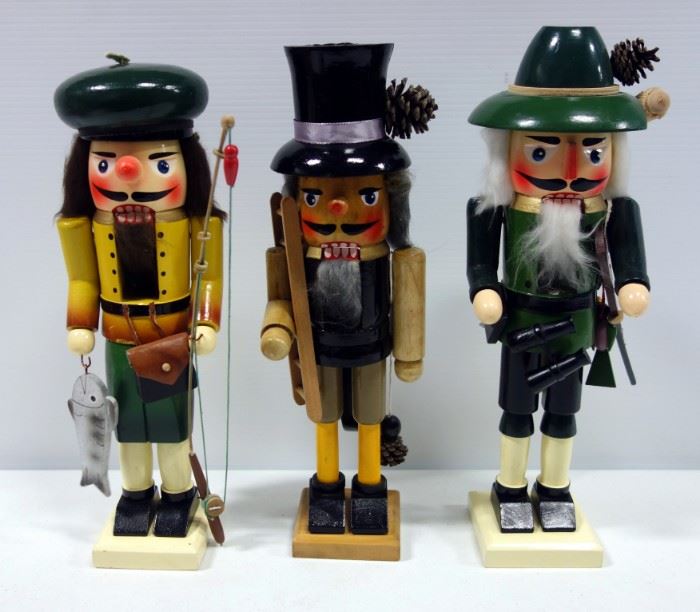 Set of Classic Wood Nutcrackers, Hunter, Fisherman, Chimney Sweep, 14.5" to 15.5"H, Total Qty 3