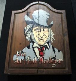 Dartboard In Wood Case With Doors, "The Artful Dodger" Design, Includes 15 Darts, 20.5"W x 28"H x 4"D