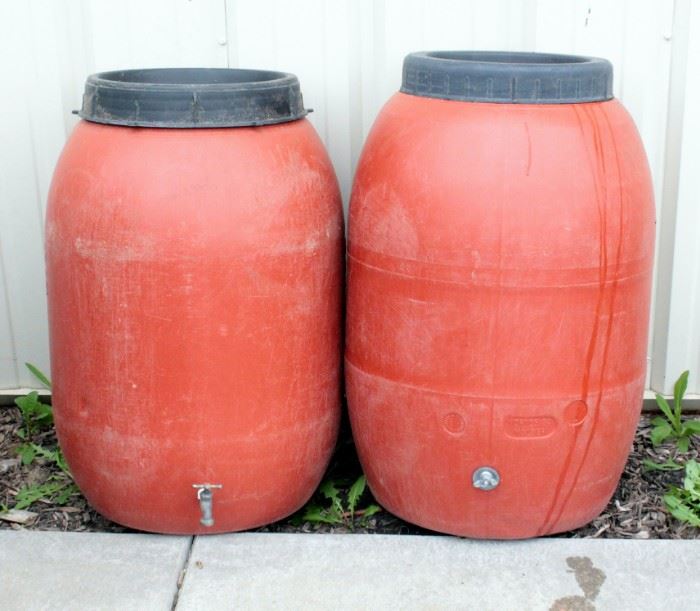 Large Plastic Rain Barrels 35"H x 22" Dia. Qty 2