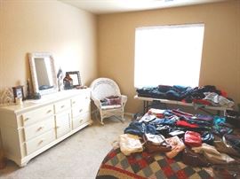 dresser, wicker rocker, wicker mirror, purses