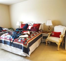 Queen Bed, wicker end tables