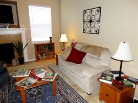 petite sofa, small oak tables, bookcases, stands, lamps