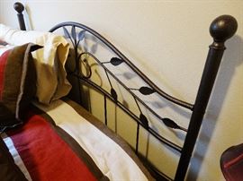 Bronzed standard headboard, custom mattress as new, custom bedding