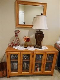 Petite oak credenza, bookcase, oak mirror, lighting