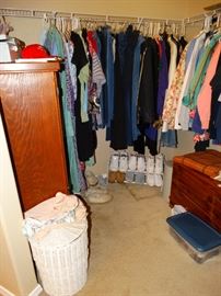 Highboy dresser oak, red cedar chest, nice quality clothing, linens, accessories