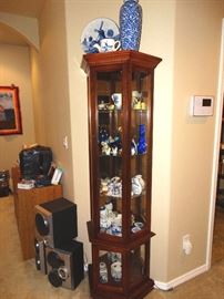Petite 3 sided double door curio cabinet, delft, miniatures, salt and pepper shaker colleciton, speakers, electronics