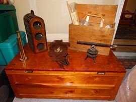 cedar chest, wine rack, surveying tool, cuckoo clock, bank