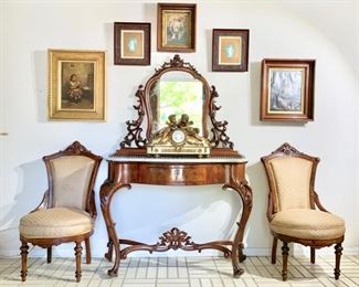Antique Continental, Marble-Top Console with Attached Carved-Frame Mirror (Could be separated); Pair of 19th Century Side Chairs; French Belle Epoch Clock with Cherubs