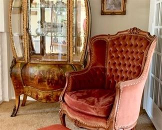 Prized Vernis-Martin Double Bow-Front Vitrine (1900 -1910); French-Style Tufted Velvet Wing-Chair;  Vintage Footstool with Mohair Upholstery and Inner-Springs on Bun Feet