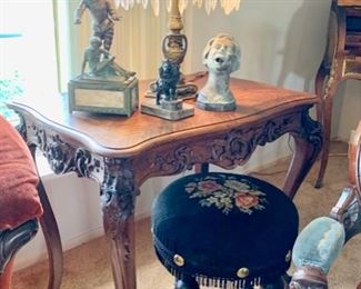 Austrian Hand Carved Table, Louis XV Revival; Art Metal Sculpture; Vintage Lamp with Art Glass and Crystals Shade; Tall NeedlePoint Seat