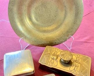Tiffany Studios Gilt Bronze Plate; Tiffany Studios Bronze Topped Blotter; Antique Sterling Snuff Box