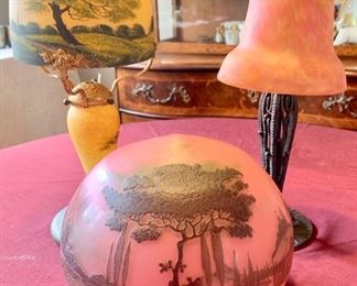 Hand Painted Revolia Lamp; Edgar Brandt-Style Wrought Iron and Art Glass Lamp; Cameo Glass Shade by Koch