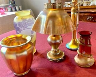 Cameo Glass Vase by Weis; Steuben-Type Atomizer; Small Tiffany-Type Lamp (Signed LCT); Steuben Aurene Vase; Art Glass Vase by Loetz