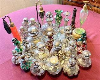 Sterling Overlay Perfume and Cologne Bottles Plus Some Atomizers (The Green Atomizer Is Also A Music Box)