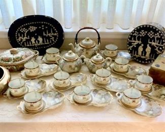 Vintage Finds From China: Round Box Beautifully Inlaid with Mother-of-Pearl; EggShell Porcelain Tea Set; Engraved Brass Box with Coin and Other Decoration; Famille Rose Covered Vegetable Dish