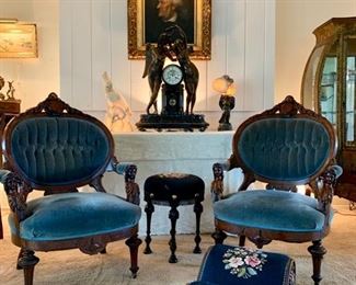 Pair Renaissance Revival Chairs, with Carved Figural Arms and Mohair Upholstery; Needlepoint on Gout Stool and Tall Stool