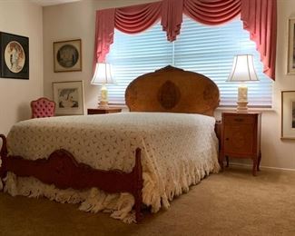 Vintage French Style Carved and Inlaid Bed (Full Size) and Pair of Matching End Chests; Framed Icarts