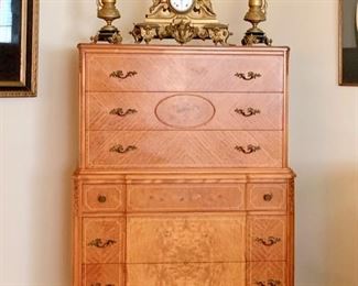 Vintage French Style Tall Chest , Exotic Woods Carved and Inlaid; Art Metal Clock