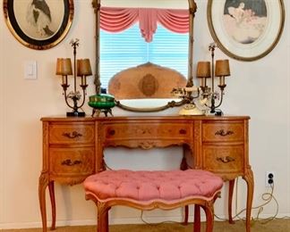 Vintage French Style, Carved Exotic Woods Dressing Table, Bench, Mirror