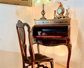 Antique French Edwardian Writing Desk and Chair, Ormolu Mounts and Hand Painted details