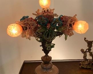 Vintage Lamp with Beading and Rose Globes on Marble Base