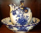 Flow blue basin and ewer