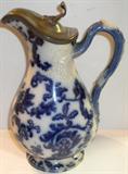 Flow blue pitcher w/Britannia metal hinged lid