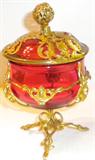 Moser-type cranberry glass box w/gilt metal frame