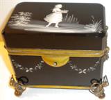 Handsome glass box with superbly detailed "Mary Gregory" type enameling