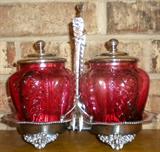 Double pickle castor w/cranberry glass inserts