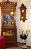 Eastlake secretary; "Scinde" pattern flow blue; umbrella stand w/Victorian parasols; Vienna regulator