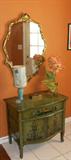 small painted console/chest; gesso mirror; Van Briggle lamp