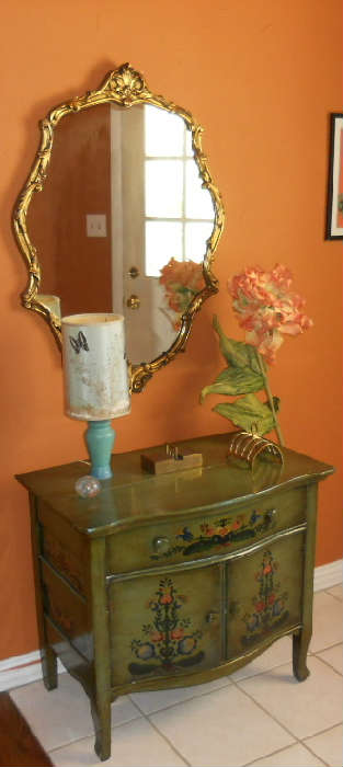 small painted console/chest; gesso mirror; Van Briggle lamp