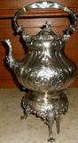 highly chased, English tilting coffeepot (silver on copper), ca. 1870-80