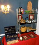 silverplated English flatware; Nantucket basket/purse; Czech pottery; much more