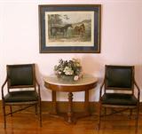 two of four Regency-style armchairs by the Hickory Chair Company; antique English lithograph (stallions); antique walnut washstand (likely English), with marble back-splash