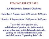 Edmond estate sale
608 Hollowdale, Edmond, Oklahoma
Preview pics, sale details, and an online map
now on the "Upcoming Sales" page of www.EdmondEstateSales.com.