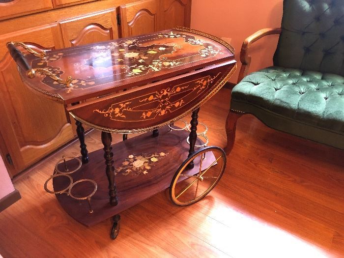 Italian Inlaid Marquetry Tea Cart Drop Leaf - Gorgeous!