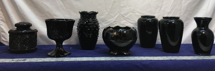 Black Glass lot, vases jars