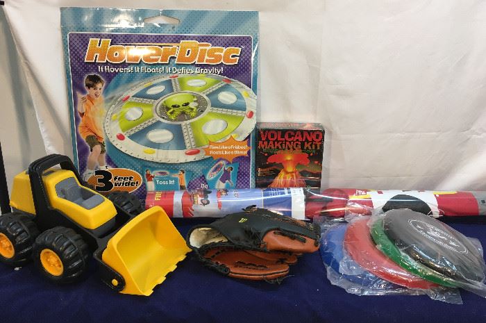 Toy Lot - Little Tykes Bulldozer, Firetruck Kite, Baseball Glove, Frisbee type disks, Volcano kit