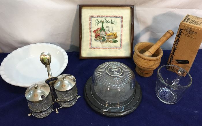 Kitchen lot - Crimped glass pie plate, Silver plate condiment set, Bon Appetit Tray, Covered server, Mortar & Pestle, Anchor Hocking Measuring Cup