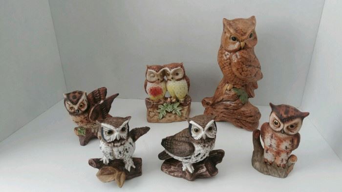 Owl Lot, Homco Taiwan pair, The large owl is chalkware 9.5", the other 3 are 4-5" tall.