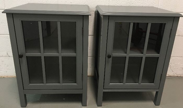 Blue/gray nightstand or end table height. Glass in doors, 1 shelf. Nice condition.