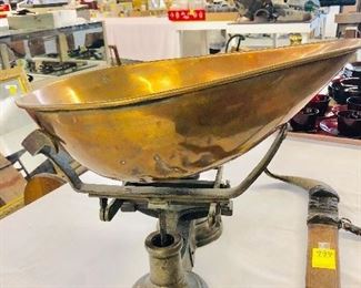 Side view of a Fabulous Antique General Store Cast Iron Scale & Weights with Copper Pan