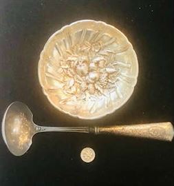 Antique Ornate Footed Solid Sterling Silver Bowl measures 4 3/4 inches x 1 1/2 inches tall and Sterling Handle soup ladle