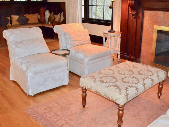 Damask slipper chairs and cocktail ottoman