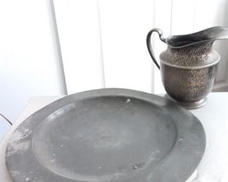 Vintage Pewter 18 Round Tray and Pitcher