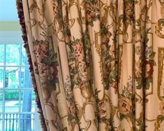 Silk Tassels on Ceiling to Floor Double Lined Drapes in Schumacher 'Byron Floral' in Linen